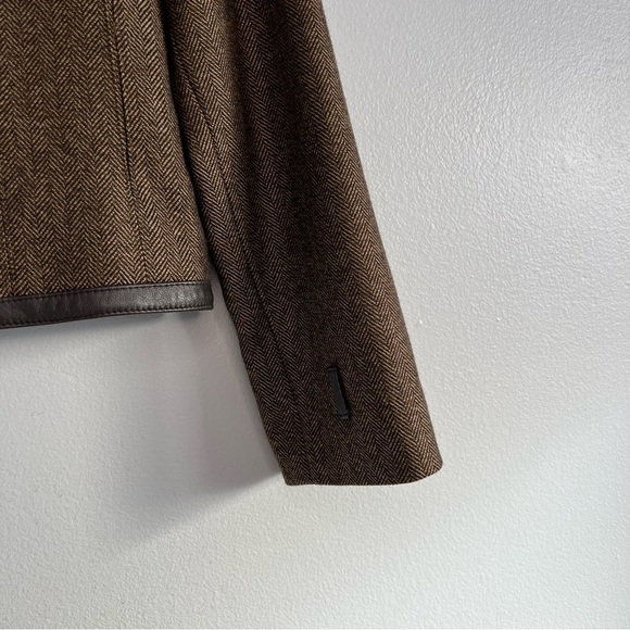 Lord & Taylor 100% Wool With Leather Trim Zip Up Jacket Blazer Brown Sz 8 office - Picture 4 of 10
